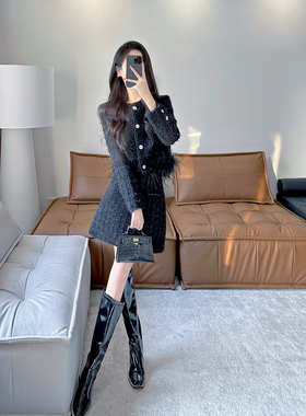 黑色小香风秋冬套装2024新款高级感气质名媛粗花呢羽毛流苏两件套