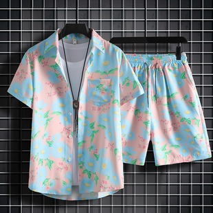 情侣短裤 冰丝短袖 三亚沙滩服套装 宽松男夏季 搭配上衣两件套 花衬衫