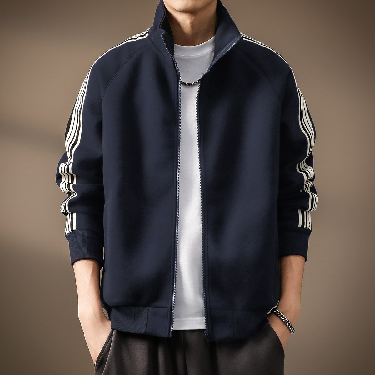 开衫拉链条纹卫衣男2026新款春秋款衣服潮牌男装大码男士立领外套