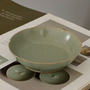 仿唐代耀州窑周世宗官窑天青釉手工刻花小圆洗茶道茶具壶承干果盘