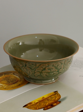 耀州窑仿唐橄榄青釉原矿高温青瓷复古家用刻花手工精品卷足中号碗