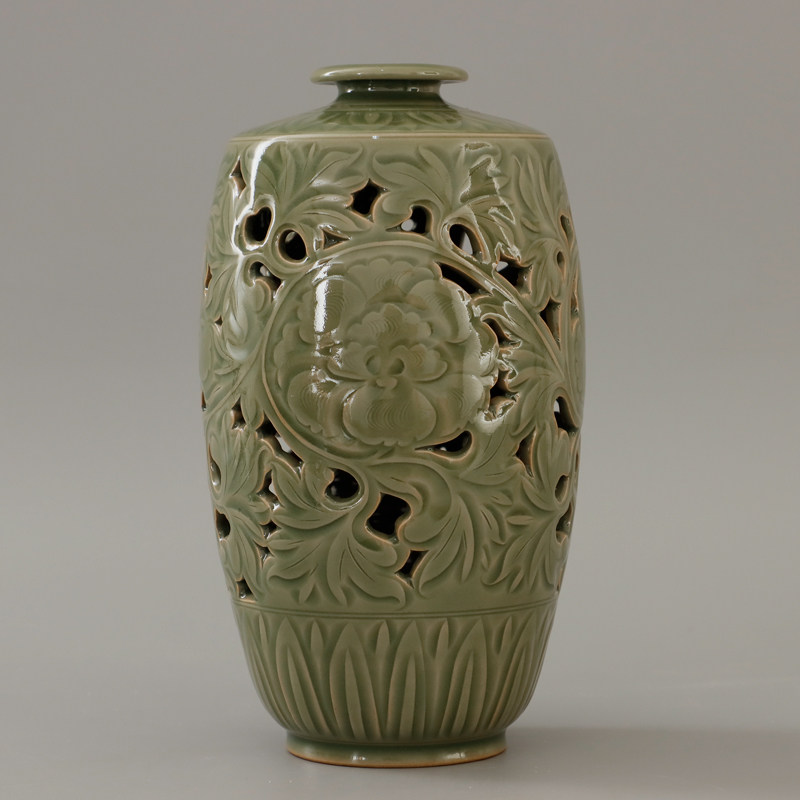 仿官窑型耀州橄榄青釉全手双刀刻花官窑精品家居盘口长颈花瓶摆件,家居饰品,花瓶,淘宝优惠券,粉丝福利购,淘宝优惠卷
