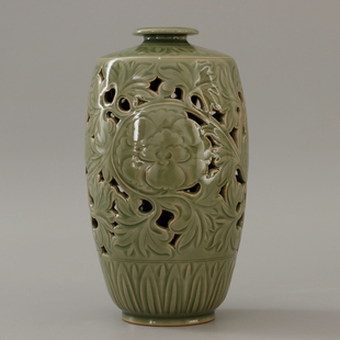 仿官窑型耀州橄榄青釉全手双刀刻花官窑精品家居盘口长颈花瓶摆件