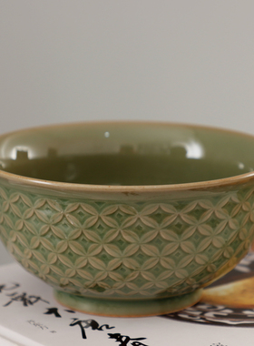 耀州窑新美学橄榄青釉印花半手工粗陶青瓷陶瓷餐具钱多多纹中号碗