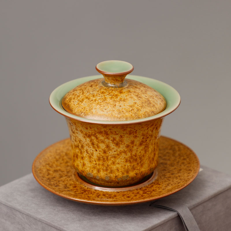 梅子青釉纯手工薄胎三才盖碗