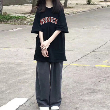 小个子少女休闲运动服夏季宽松短袖纯棉t恤阔腿长裤学生两件套装