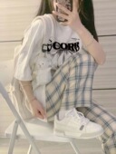 t恤休闲格子裤 学院风运动套装 宽松短袖 新款 两件套ins 女小个子夏季