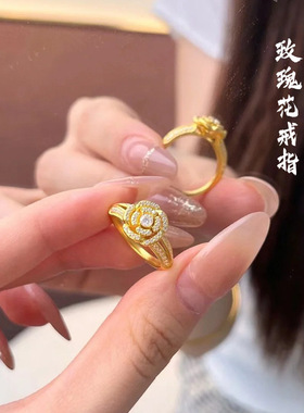 保色沙金满钻玫瑰花戒指古法仿金久不掉色指环戒子超闪时尚食指戒