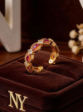 轻奢vitage复古彩宝马眼戒指 小众设计高级感沙金红刚玉开口女戒