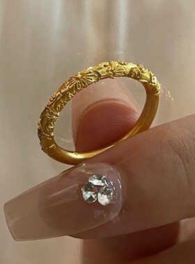 沙金素圈紫荆花戒指仿黄金新中式中指戒宫廷雕花指环港风尾戒饰品