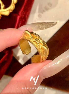 金店同款古法金沙金錾刻小猫蝴蝶猫猫爪开口戒指 送闺蜜礼物