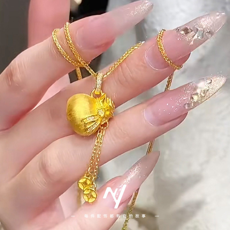 水贝同款新中式拉丝蝴蝶结福袋吊坠沙金实心镶钻小钱袋子流苏项链