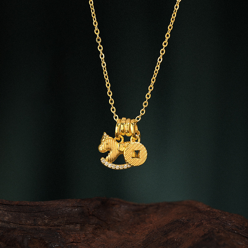 沙金保色马上有钱花项链镶嵌耳钉闪耀八方来财仿金小木马吊坠耳饰