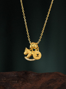 沙金保色马上有钱花项链镶嵌耳钉闪耀八方来财仿金小木马吊坠耳饰