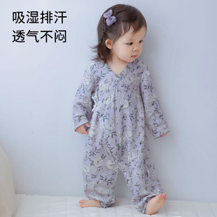 婴儿连体衣夏季薄款长袖长裤宝宝衣服新生儿纱布和尚服哈衣空调服