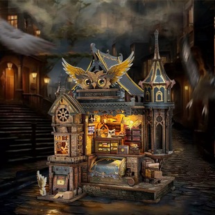 寄放时光西西弗猫头鹰邮局木制拼装传动模型手工diy小屋新年礼物