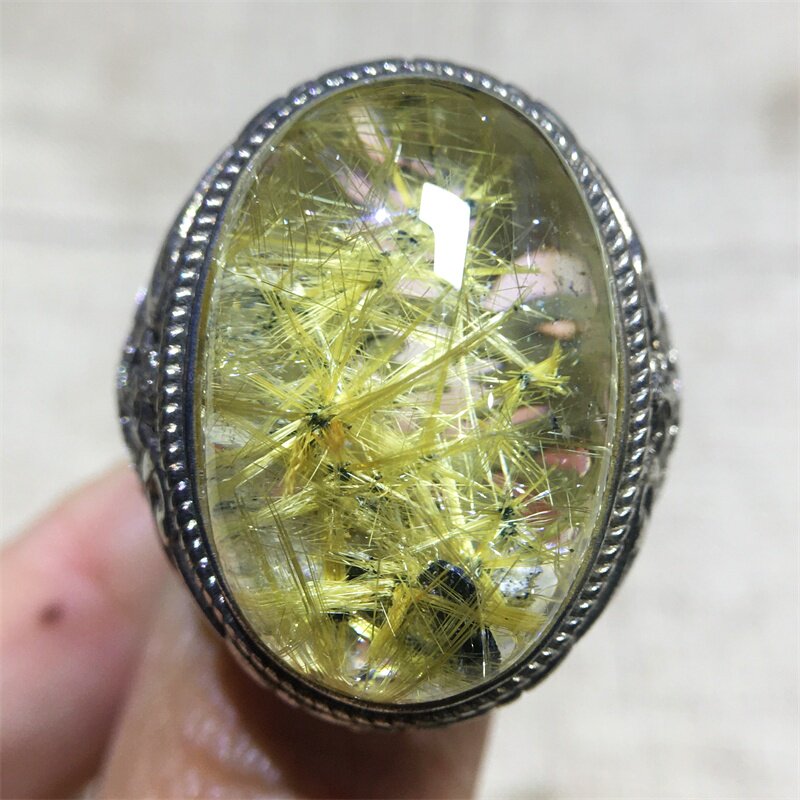 天然钛晶金发晶925银镶嵌圆珠水晶戒指顺发银钛晶活口女戒送礼物