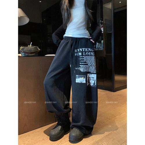 韩系甜酷字母印花宽松休闲裤女