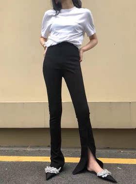 原创黑色高腰微喇裤女秋季2023新款修身显瘦设计感开叉拖地裤