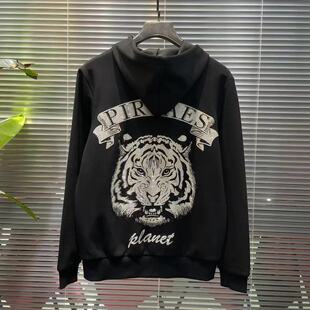 春季新款加厚黑色男士潮牌烫钻字母老虎头拉锁外套修身连帽卫衣