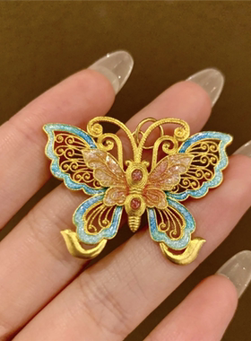 重工珐琅花丝蝴蝶吊坠女配饰999黄金色高级感新中式国风锁骨项坠