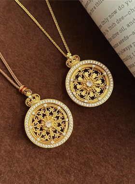 古法镶钻皇冠马车旋转八宝罗盘编织绳毛衣链女仿黄金时来运转项链