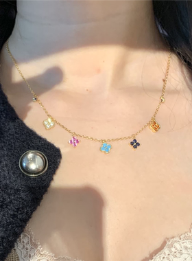 彩色多巴胺五朵四叶花流苏项链女