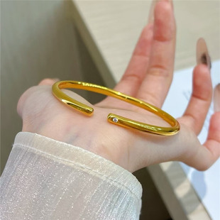 古法泥鳅背点钻镜面亮面细条开口手镯女仿真黄金色叠戴精致手饰品