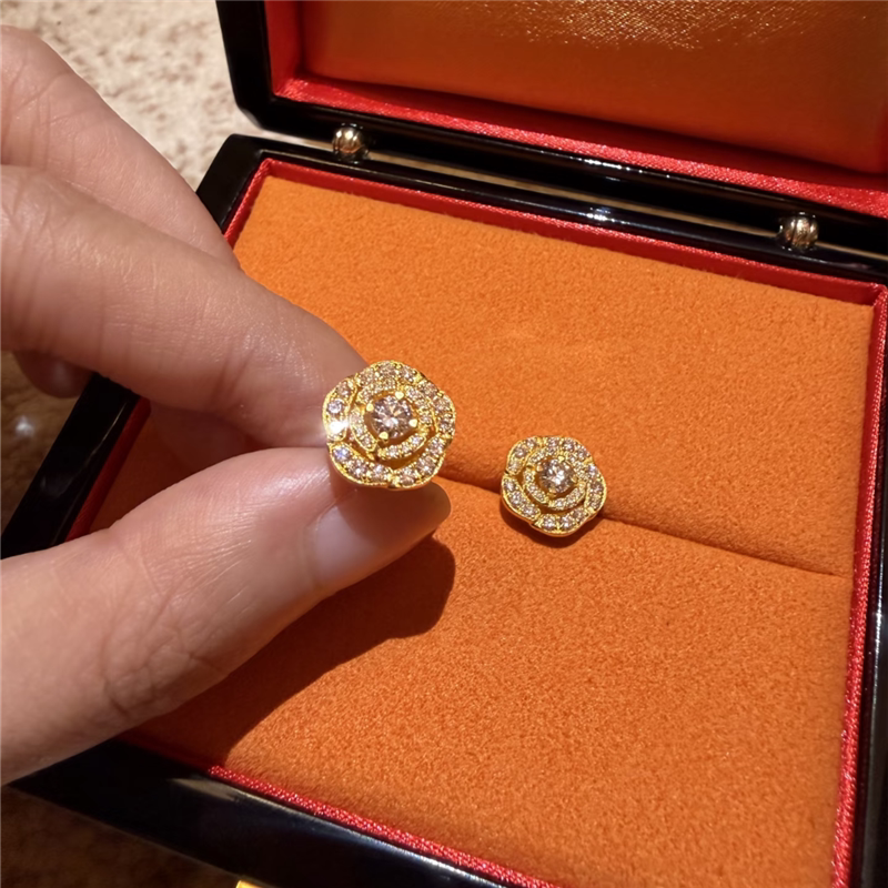 金铺同款绝美爆闪满钻玫瑰花耳钉女999黄金色古法花型耳环送女友