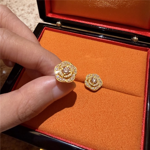 金铺同款绝美爆闪满钻玫瑰花耳钉女999黄金色古法花型耳环送女友