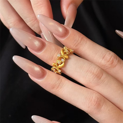 古法沙金镂空点钻鸢尾花戒指女