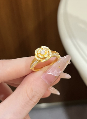 立体浮雕爆闪满钻玫瑰花窗戒指女