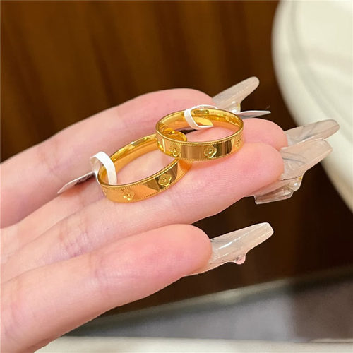 古法沙金色好寓意万花筒情侣戒指男女同款轻奢幸运四叶草对戒指环