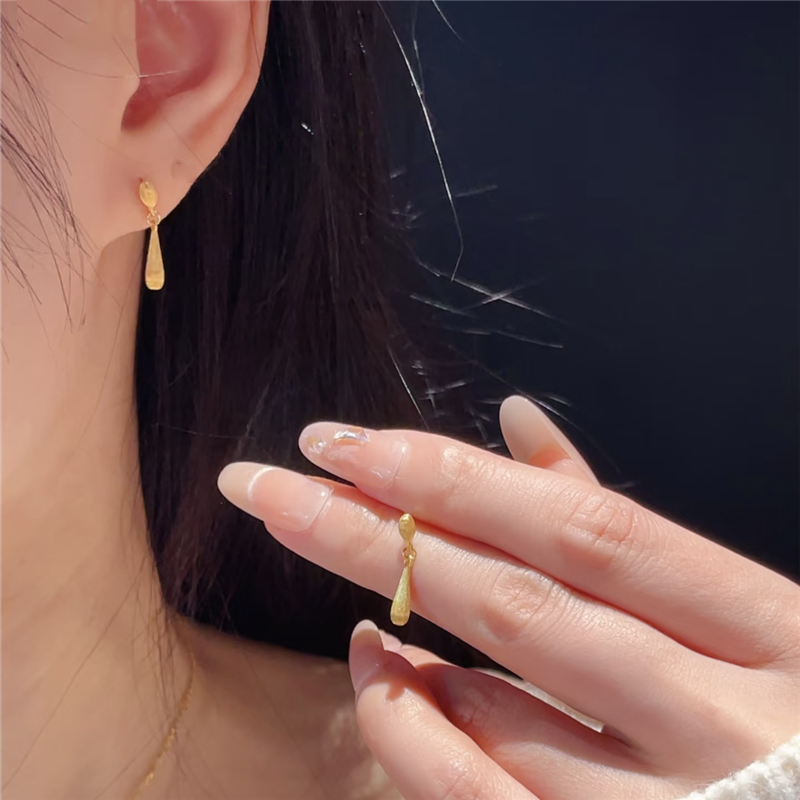 古法鎏金拉丝水滴耳钉女耳饰品仿真黄金色灵动美精致雨滴耳坠耳环