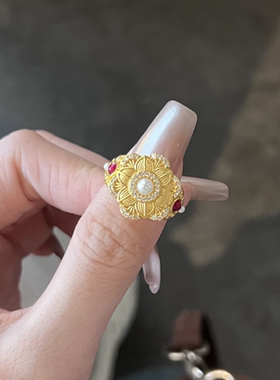 宫廷风花丝珍珠戒指女黄金色