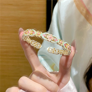 新中式国风花满筑珐琅彩手镯女999银色宫廷复古重工镯子开口调节