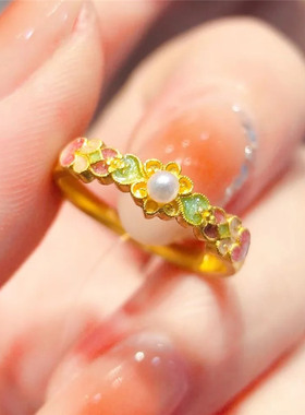 古法黄金色重工烧蓝流连梵花戒指女款珐琅彩色精致开口食指戒指环