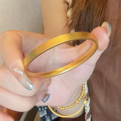 古法平面方形素圈黄金色手镯女999实心哑光磨砂质感如意镯子手饰