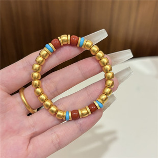 古法沙金南红老型珠手串女弹力绳黄金色转运珠苹果珠手链手饰复古