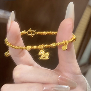 【马上来财】碎金子马上有钱盘缠手链女黄金色钱币碎碎冰木马手串