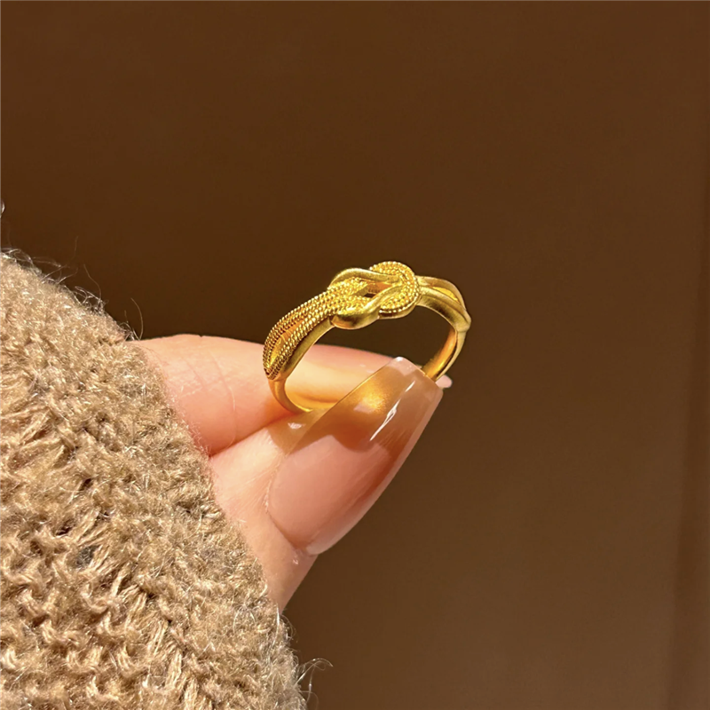 小克重喜结连理同心结戒指仿真黄金色精致复古扭结指环戒子可调节