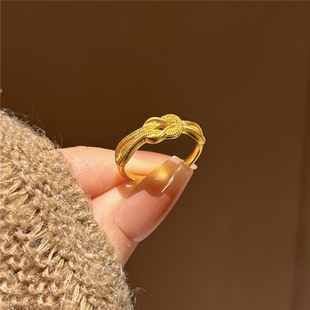 小克重喜结连理同心结戒指仿真黄金色精致复古扭结指环戒子可调节