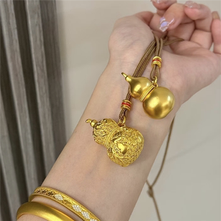 沙金不掉色葫芦吊坠项链女新中式古法福禄双全编织绳可调节毛衣链