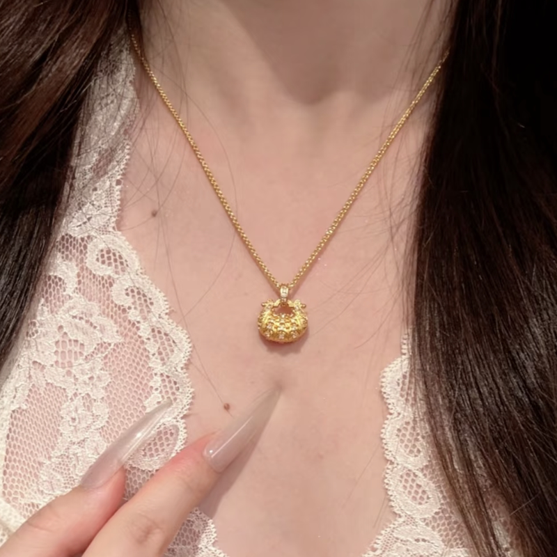 爆闪微镶碎钻麦穗如意锁包吊坠项链女黄金色穗穗平安小金锁锁骨链