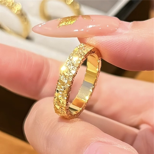 古法沙金爆闪三面碎冰冰戒指女满天星锤纹素圈指环情侣对戒送女友