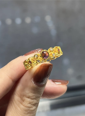 仿真黄金花丝镂空开口戒指女复古宫廷风点钻镶嵌高级感指环食指戒