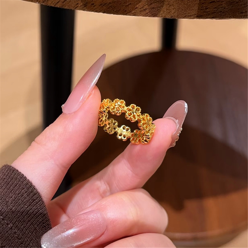 24k黄金色花丝镂空蕾丝花朵戒指