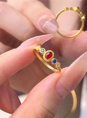 新中式复古小宫雀戒指女999黄金色小众气质高颜值开口戒子强保色