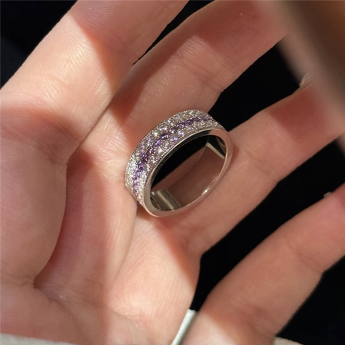 999纯银色点钻紫色钻戒指女食戒培育轻奢镶嵌三排指环高级感戒子