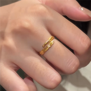 小克重金翎羽翼羽毛戒指女仿真黄金色中古风高颜值开口指环食指戒
